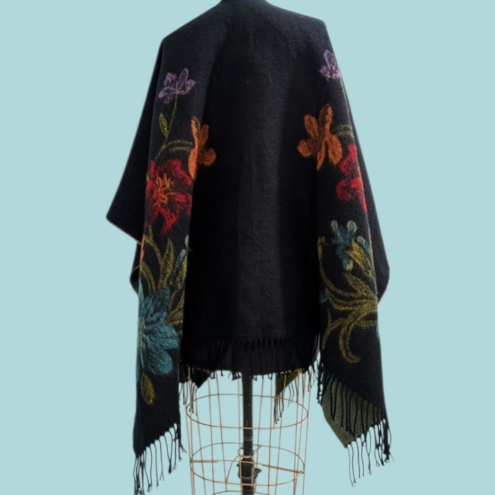 Black Shawl Wrap with Vibrant Colorful Floral | Multicolor Woven Fabric - Picture 9 of 16